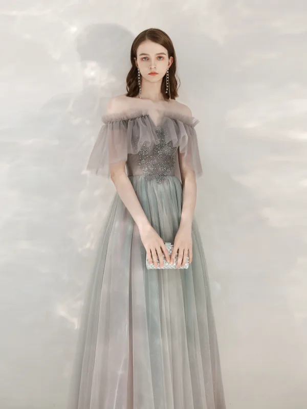 Charmant Gris Glitter Robe De Soirée 2020 Princesse De l'épaule Faux Diamant En Dentelle Fleur Manches Courtes Dos Nu Longue Robe De Ceremonie