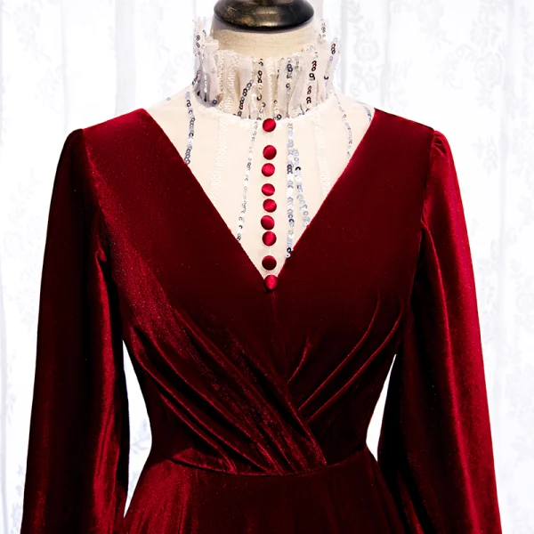 Elegant Burgundy Evening Dresses 2020 A-Line / Princess Suede High Neck Sequins Long Sleeve Floor-Length / Long Formal Dresses