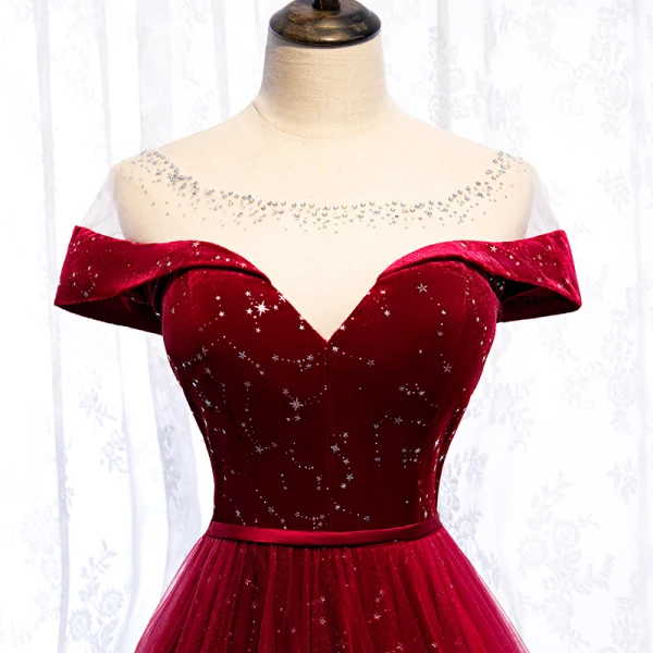 Chic / Belle Bordeaux Robe De Soirée 2020 Princesse Daim Encolure Dégagée Étoile Paillettes Faux Diamant Manches Courtes Dos Nu Longue Robe De Ceremonie