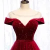 Chic / Beautiful Burgundy Evening Dresses  2020 A-Line / Princess Suede Scoop Neck Star Sequins Rhinestone Short Sleeve Backless Floor-Length / Long Formal Dresses