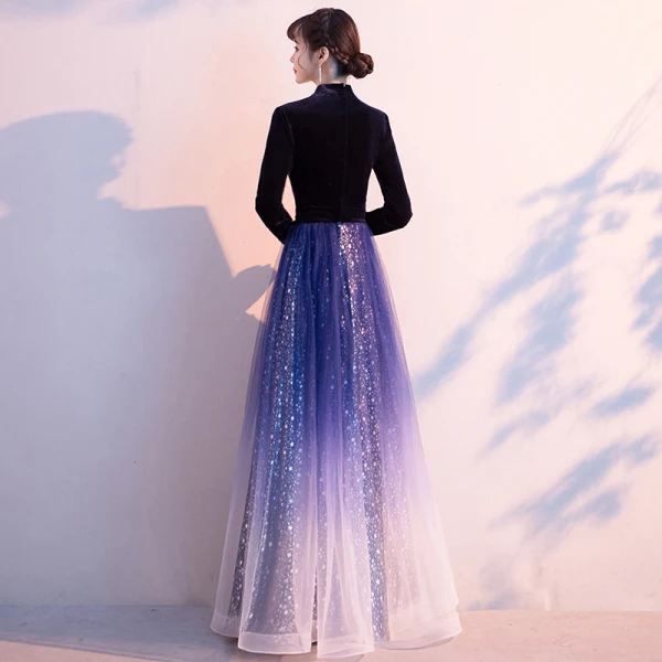 Scintillantes Océan Bleu Dégradé De Couleur Ciel étoilé Robe De Soirée 2020 Princesse Style Chinois Daim V-Cou Étoile Paillettes Manches Longues Longue Robe De Ceremonie