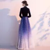 Sparkly Ocean Blue Gradient-Color Starry Sky Evening Dresses  2020 A-Line / Princess Chinese style Suede V-Neck Star Sequins Long Sleeve Floor-Length / Long Formal Dresses
