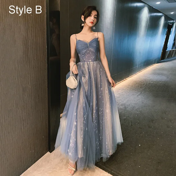 Charming Sky Blue Star Bridesmaid Dresses 2021 A-Line / Princess Spaghetti Straps Lace Sleeveless Backless Floor-Length / Long Bridesmaid Wedding Party Dresses