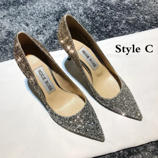 Scintillantes Doré Cuir Chaussure De Mariée 2020 Paillettes 9 cm Talons Aiguilles À Bout Pointu Escarpins