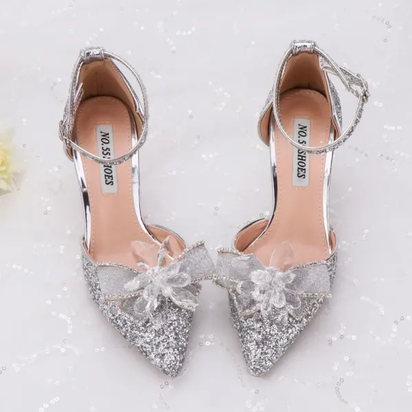 Scintillantes Argenté Chaussure De Mariée 2020 Cristal Faux Diamant Paillettes Bride Cheville 6 cm Talons Aiguilles À Bout Pointu Mariage Talons Hauts