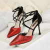 Abordable Argenté Soirée Paillettes Chaussures Femmes 2020 X-Strap 9 cm Talons Aiguilles À Bout Pointu Talons