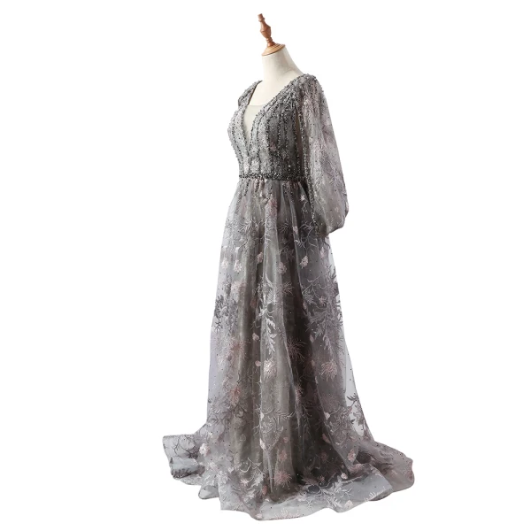 Luxe Gris Fait main Perlage Robe De Soirée 2020 Princesse Col v profond Cristal Faux Diamant En Dentelle Fleur Manches Longues Train De Balayage Robe De Ceremonie