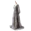 Luxury / Gorgeous Grey Handmade  Beading Evening Dresses  2020 A-Line / Princess Deep V-Neck Crystal Rhinestone Lace Flower Long Sleeve Sweep Train Formal Dresses