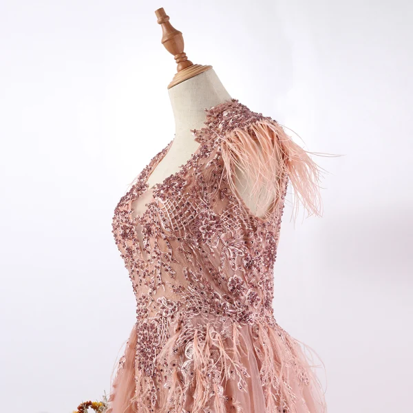 Luxury / Gorgeous Pearl Pink Evening Dresses 2020 A-Line / Princess U-Neck Tassel Handmade Beading Rhinestone Lace Flower Sleeveless Sweep Train Formal Dresses