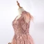 Luxury / Gorgeous Pearl Pink Evening Dresses  2020 A-Line / Princess U-Neck Tassel Handmade  Beading Rhinestone Lace Flower Sleeveless Sweep Train Formal Dresses