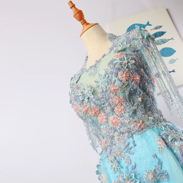 Charming Mint Green Evening Dresses 2020 A-Line / Princess U-Neck Handmade Beading Tassel Crystal Rhinestone Lace Flower Sleeveless Floor-Length / Long Formal Dresses