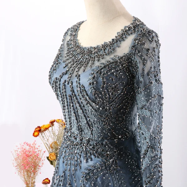 Vintage / Retro Luxury / Gorgeous Navy Blue Handmade  Beading Evening Dresses  2020 A-Line / Princess Scoop Neck Crystal Rhinestone Lace Flower Long Sleeve Backless Sweep Train Formal Dresses
