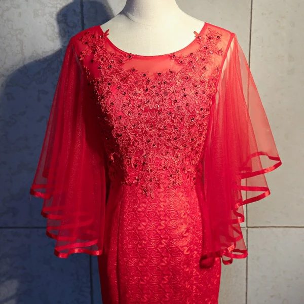 Chic / Beautiful Red Evening Dresses 2018 Trumpet / Mermaid Lace Appliques Beading Sequins Scoop Neck Backless 3/4 Sleeve Sweep Train Formal Dresses