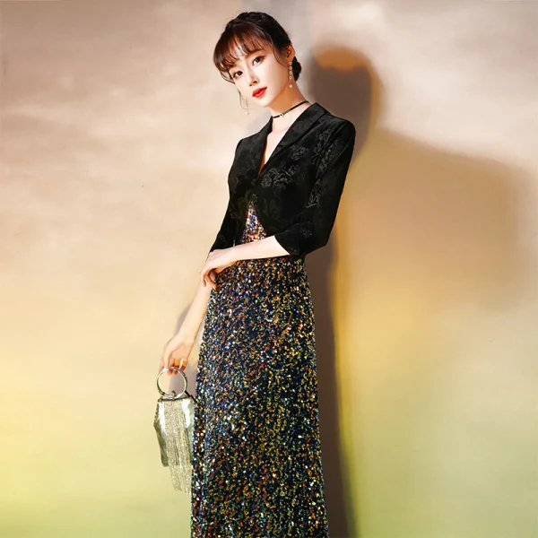 Charmant Noire Robe De Soirée 2020 Princesse Daim Col v profond Multi-Couleurs Paillettes 1/2 Manches Longue Robe De Ceremonie
