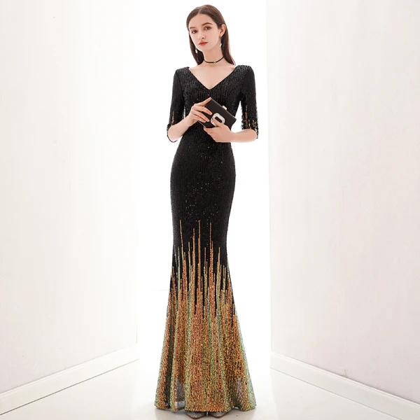 Charming Black Gold Evening Dresses 2020 Trumpet / Mermaid V-Neck Sequins 1/2 Sleeves Floor-Length / Long Formal Dresses