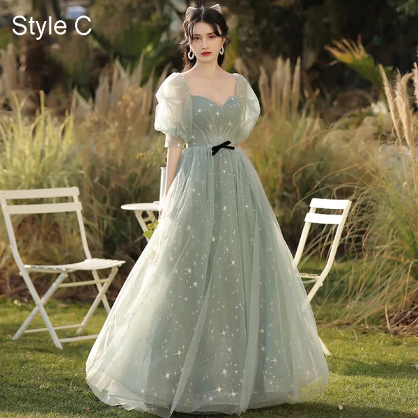 Fashion Sage Green Star Bridesmaid Dresses 2021 A-Line / Princess Scoop Neck Short Sleeve Backless Floor-Length / Long Bridesmaid Wedding Party Dresses
