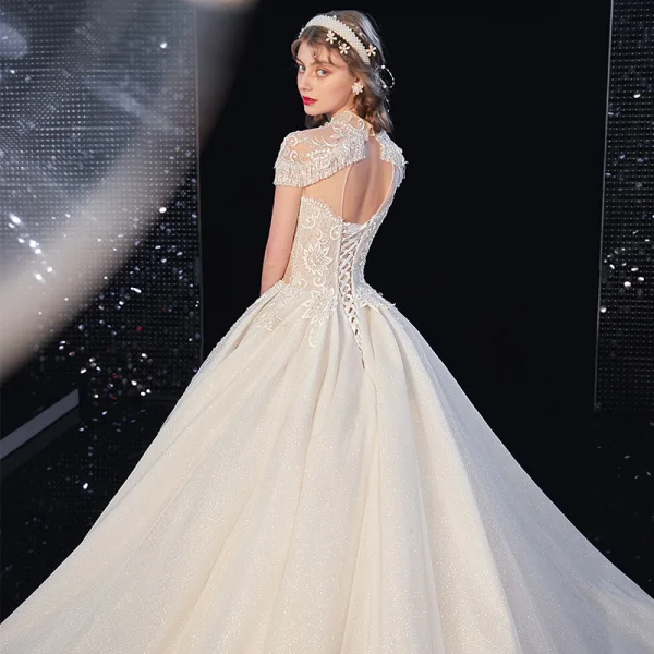 Luxury / Gorgeous Champagne Glitter Wedding Dresses 2020 A-Line / Princess Scoop Neck Beading Tassel Rhinestone Lace Flower Short Sleeve Backless Royal Train