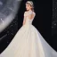 Luxury / Gorgeous Champagne Glitter Wedding Dresses 2020 A-Line / Princess Scoop Neck Beading Tassel Rhinestone Lace Flower Short Sleeve Backless Royal Train