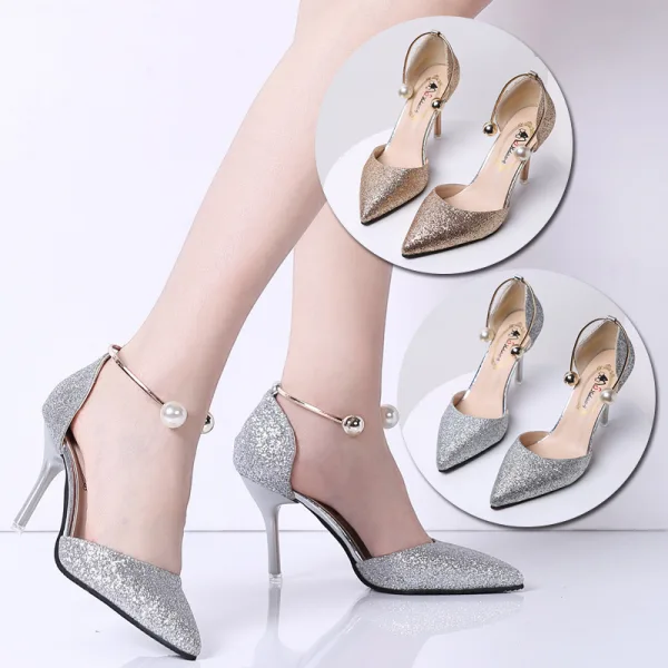 Affordable Black Evening Party Womens Shoes 2020 Sequins 8 cm Stiletto Heels Pointed Toe High Heels