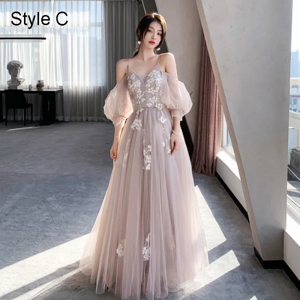 Fashion Blushing Pink Lace Flower Bridesmaid Dresses 2021 A-Line / Princess Spaghetti Straps Short Sleeve Backless Floor-Length / Long Bridesmaid Wedding Party Dresses
