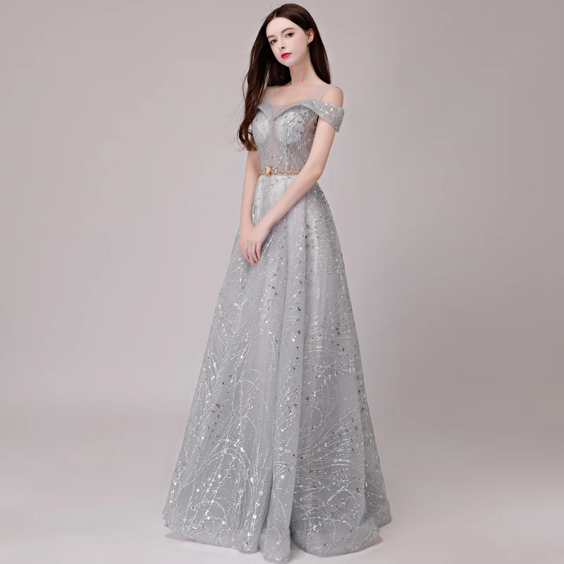 Elegant Silver Evening Dresses 2018 A Line Princess Glitter Sequins Metal Sash Shoulders Sleeveless Floor Length Long Formal Dresses Elegant Silver Evening Dresses 2018 A Line Princess Glitter Sequins Metal Sash Shoulders Sleeveless Floor Length Long Formal Dresses