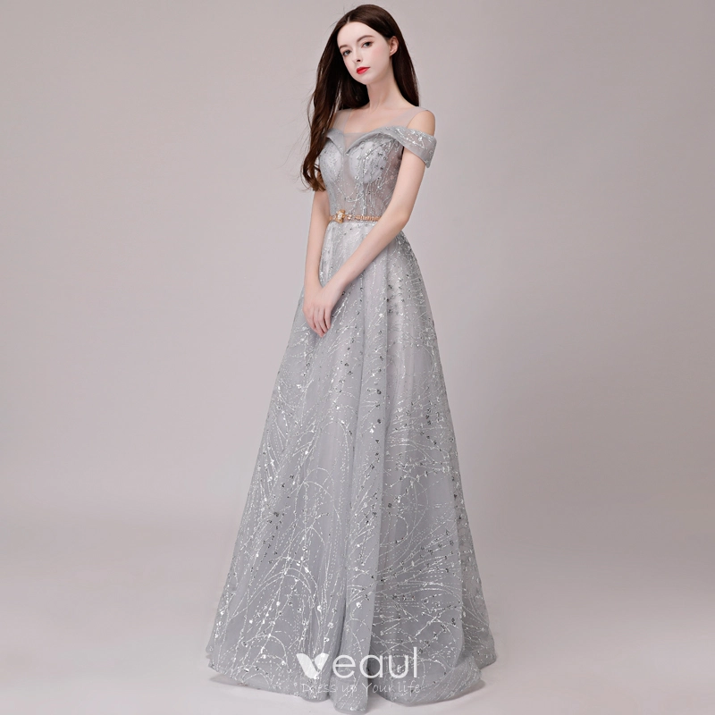 Lilac Butterfly Evening Dress Elegant Silver Evening Dresses 2018 A-Line  Princess Glitter Sequins Metal Sash Shoulders Sleeveless Floor-Length Long  Formal Dresses