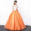 Elegant Orange Prom Dresses 2020 A-Line / Princess Off-The-Shoulder Lace Flower Short Sleeve Backless Floor-Length / Long Formal Dresses