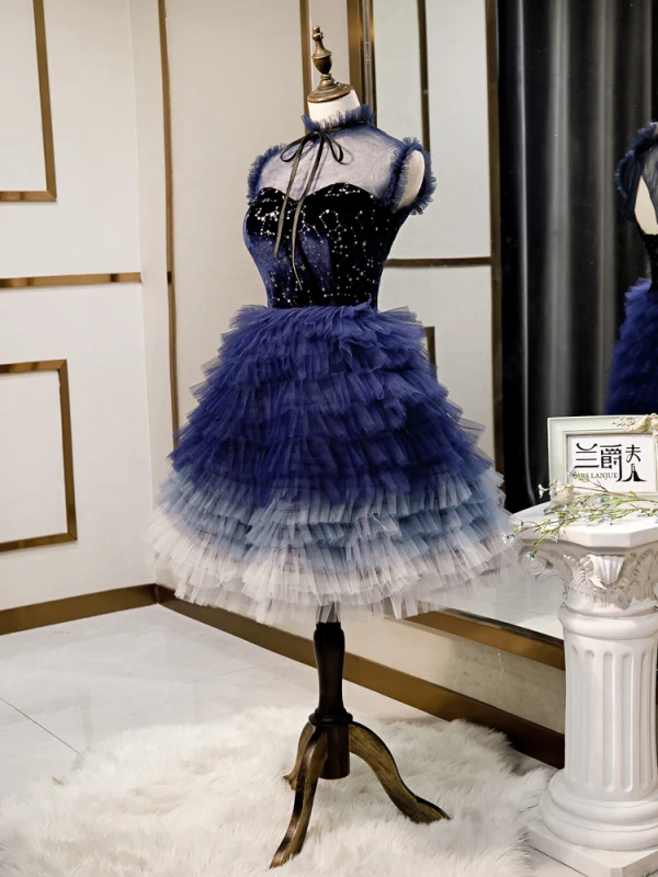 Fashion Navy Blue Homecoming Graduation Dresses 2020 A-Line / Princess Suede Bow High Neck Star Sequins Sleeveless Cascading Ruffles Knee-Length Formal Dresses