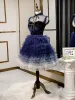 Mode Bleu Marine de retour Robe De Graduation 2020 Princesse Daim Noeud Col Haut Étoile Paillettes Sans Manches Volants en Cascade Mi-Longues Robe De Ceremonie