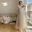 Chic / Beautiful Champagne Bridesmaid Dresses 2021 A-Line / Princess V-Neck Beading Pearl Sequins Lace Flower Short Sleeve Backless Floor-Length / Long Bridesmaid Wedding Party Dresses