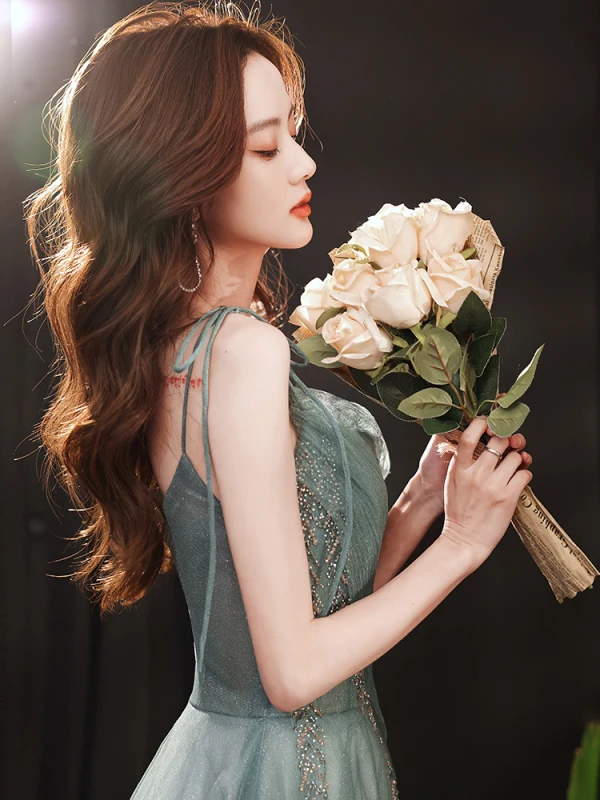 Charming Sage Green Glitter Prom Dresses 2021 A-Line / Princess Spaghetti Straps Rhinestone Sleeveless Backless Tea-length Evening Party Formal Dresses