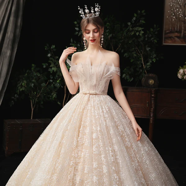 Charming Champagne Wedding Dresses 2020 A-Line / Princess Off-The-Shoulder Beading Bow Pearl Sequins Lace Flower Sleeveless Backless Court Train