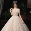 Charming Champagne Wedding Dresses 2020 A-Line / Princess Off-The-Shoulder Beading Bow Pearl Sequins Lace Flower Sleeveless Backless Court Train