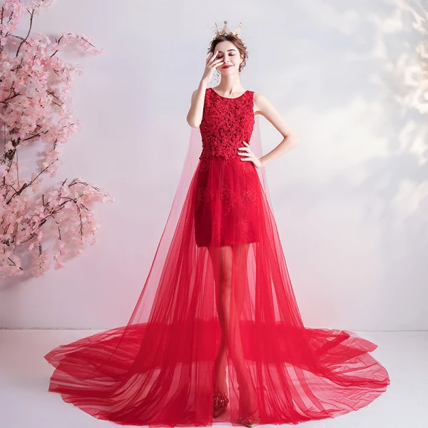 Charming Red Evening Dresses 2020 A-Line / Princess Scoop Neck Beading Sequins Lace Flower Sleeveless Cathedral Train Formal Dresses
