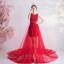Charming Red Evening Dresses  2020 A-Line / Princess Scoop Neck Beading Sequins Lace Flower Sleeveless Cathedral Train Formal Dresses