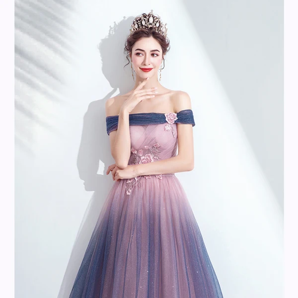Charmant Dégradé De Couleur Rougissant Rose Robe De Soirée 2020 Princesse De l'épaule Glitter Perlage Cristal Paillettes En Dentelle Fleur Sans Manches Dos Nu Longue Robe De Ceremonie