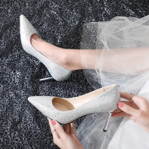 Bling Bling Champagne Wedding Shoes 2020 Rhinestone 8 cm Stiletto Heels Pointed Toe Wedding Pumps