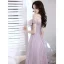 Chic / Beautiful Lavender Pearl Prom Dresses A-Line / Princess 2021 Off-The-Shoulder Sleeveless Backless Tea-length Prom Formal Dresses