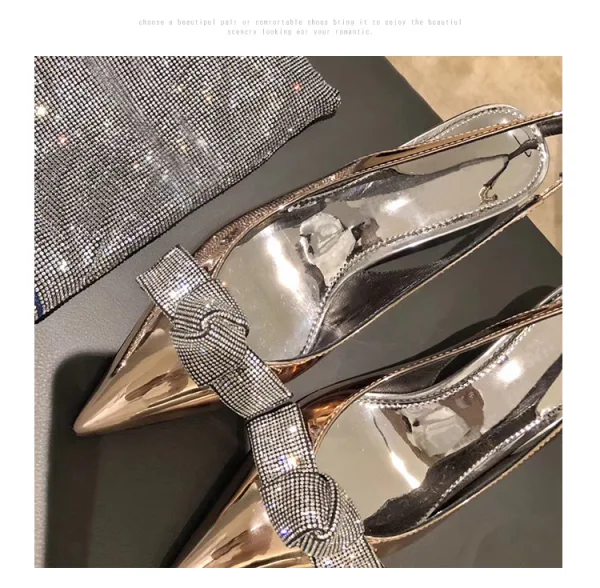 Snygga / Fina Silver Afton Damskor 2020 Rhinestone Rosett 6 cm Stilettklackar Spetsiga Högklackade
