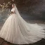 Elegante Champagner Ballkleid Brautkleider / Hochzeitskleider 2020 Eckiger Ausschnitt Perlenstickerei Pailletten Applikationen Kurze Ärmel Rückenfreies Kathedrale Schleppe