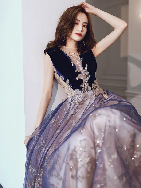 Elegant Navy Blue Beading Evening Dresses  Prom Dresses 2021 A-Line / Princess Scoop Neck Rhinestone Sequins Sleeveless Backless Floor-Length / Long Evening Party Formal Dresses