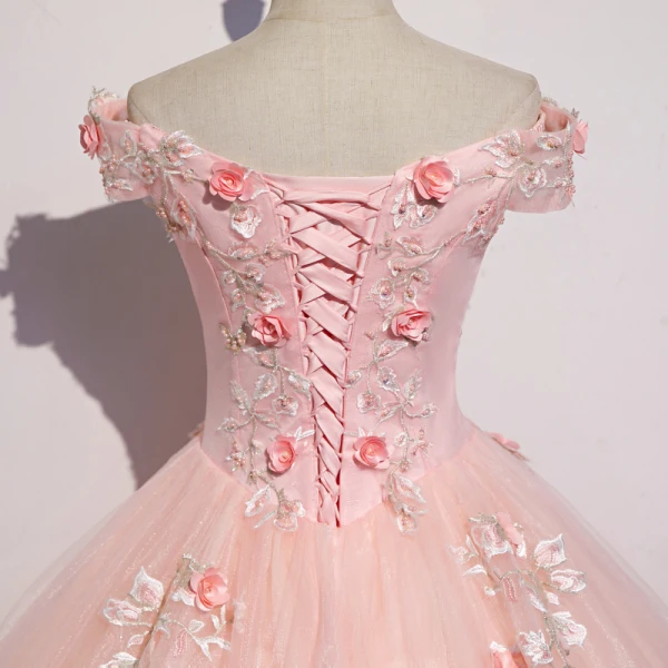 Chic / Beautiful Blushing Pink Prom Dresses 2020 Ball Gown Off-The-Shoulder Beading Pearl Appliques Lace Flower Short Sleeve Backless Floor-Length / Long Formal Dresses