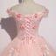 Chic / Beautiful Blushing Pink Prom Dresses 2020 Ball Gown Off-The-Shoulder Beading Pearl Appliques Lace Flower Short Sleeve Backless Floor-Length / Long Formal Dresses