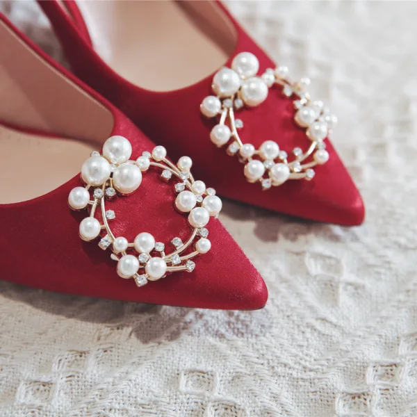 Chinese style Red Wedding Shoes 2020 Pearl 8 cm Stiletto Heels Pointed Toe Wedding Pumps