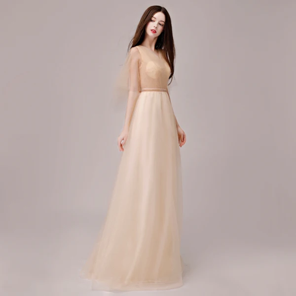 Chic / Beautiful Champagne Evening Dresses 2018 A-Line / Princess Metal Sash V-Neck Backless 1/2 Sleeves Floor-Length / Long Formal Dresses