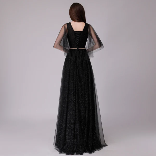 Chic / Belle Bleu Marine Robe De Soirée 2018 Princesse Glitter Métal Ceinture V-Cou Dos Nu 1/2 Manches Longue Robe De Ceremonie