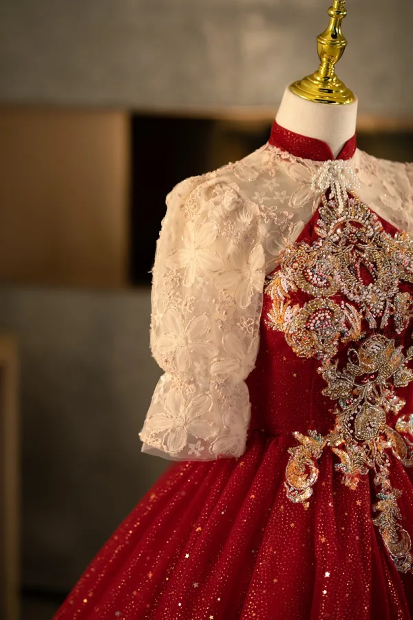 Bling Bling Burgundy Beading Pearl Sequins Flower Prom Dresses 2025 Ball Gown High Neck Short Sleeve Backless Floor-Length / Long Formal Dresses