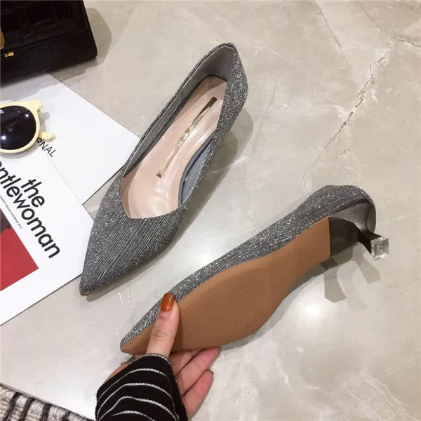 Schöne Grau Freizeit Büro Pumps 2020 Glanz Pailletten 5 cm Stilettos Spitzschuh Pumps