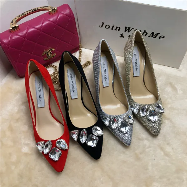 Stijlvolle Zilveren Avond Rhinestone Pumps 2020 Leer Pailletten 8 cm Naaldhakken / Stiletto Spitse Neus Pumps