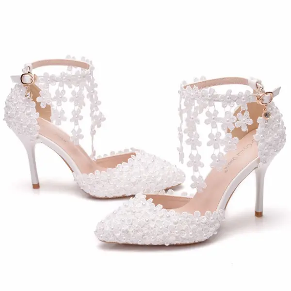 Charming Ivory Wedding Shoes 2020 Ankle Strap Pearl Lace Flower 9 cm Stiletto Heels Pointed Toe Wedding Pumps